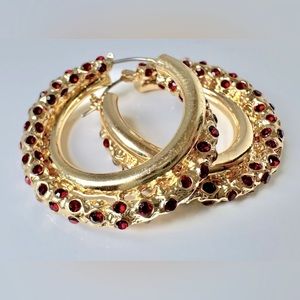 Gold-tone Hoop Earrings with Red Accent Crystals #1108